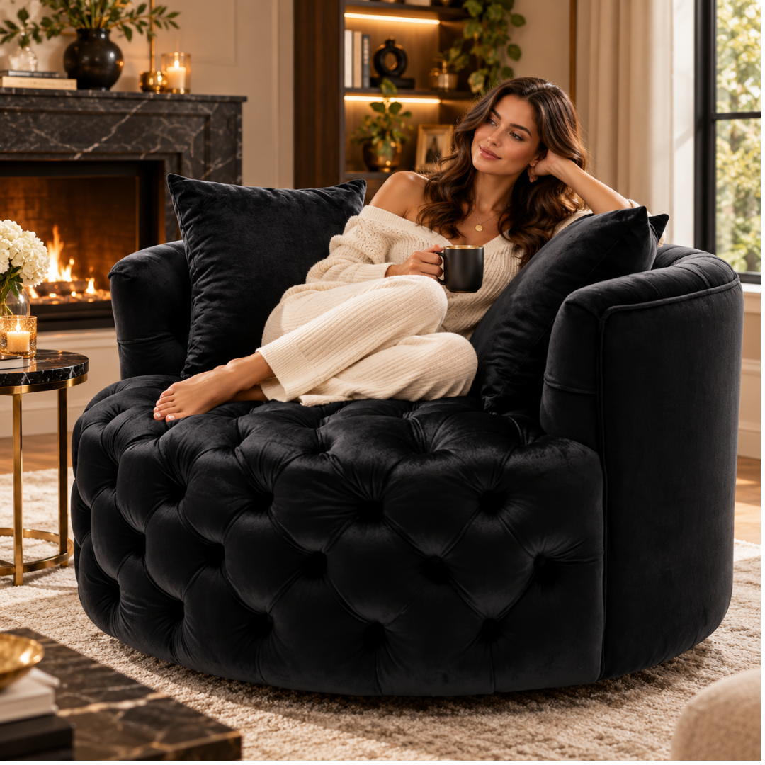 Wooden Twist Round Button Tufted Velvet Cuddle Chair Black – Lifestyle with Model
