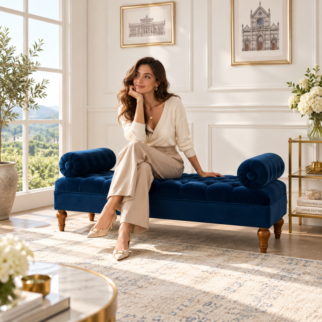 Wooden Twist Lewis Tufted Diwan Bench with Bolsters Blue – Woman Seated on Bench