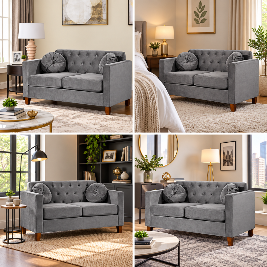 Wooden Twist Velvet Square Arm Loveseat 2 Seater Sofa Grey – Room Setting Collage