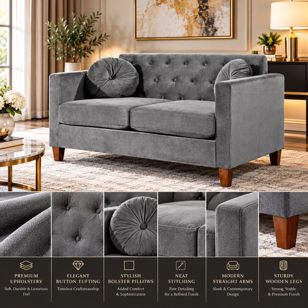 Wooden Twist Velvet Square Arm Loveseat 2 Seater Sofa Grey – Velvet Fabric and Tufting Details
