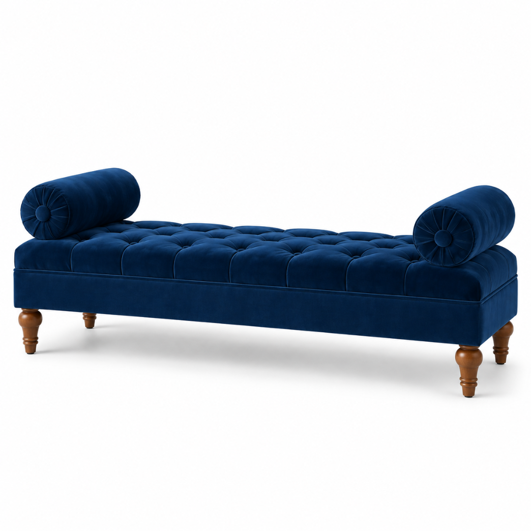 Wooden Twist Lewis Tufted Diwan Bench with Bolsters Blue – Angle View