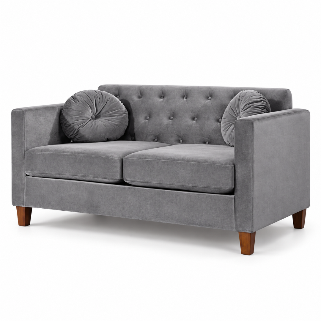 Wooden Twist Velvet Square Arm Loveseat 2 Seater Sofa Grey – Angle View