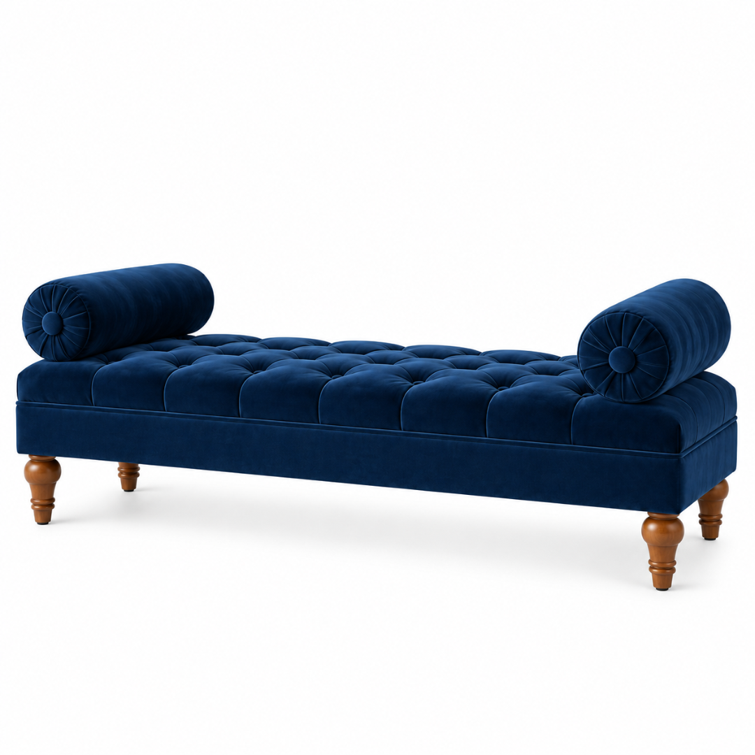 Wooden Twist Lewis Tufted Diwan Bench with Bolsters Blue – Front View