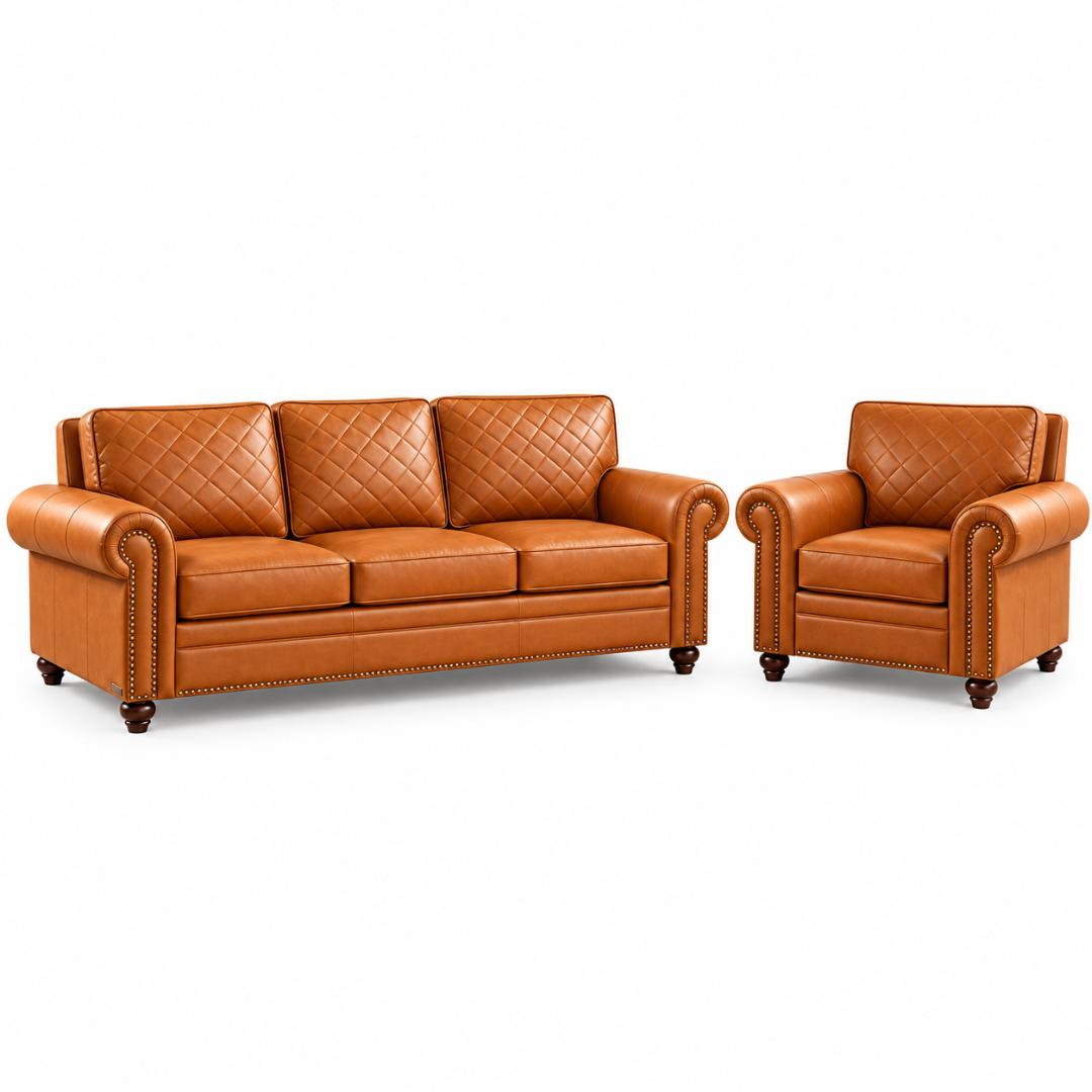 Wooden Twist Grace Quilted Brown Sofa Set 3+1 – Front View