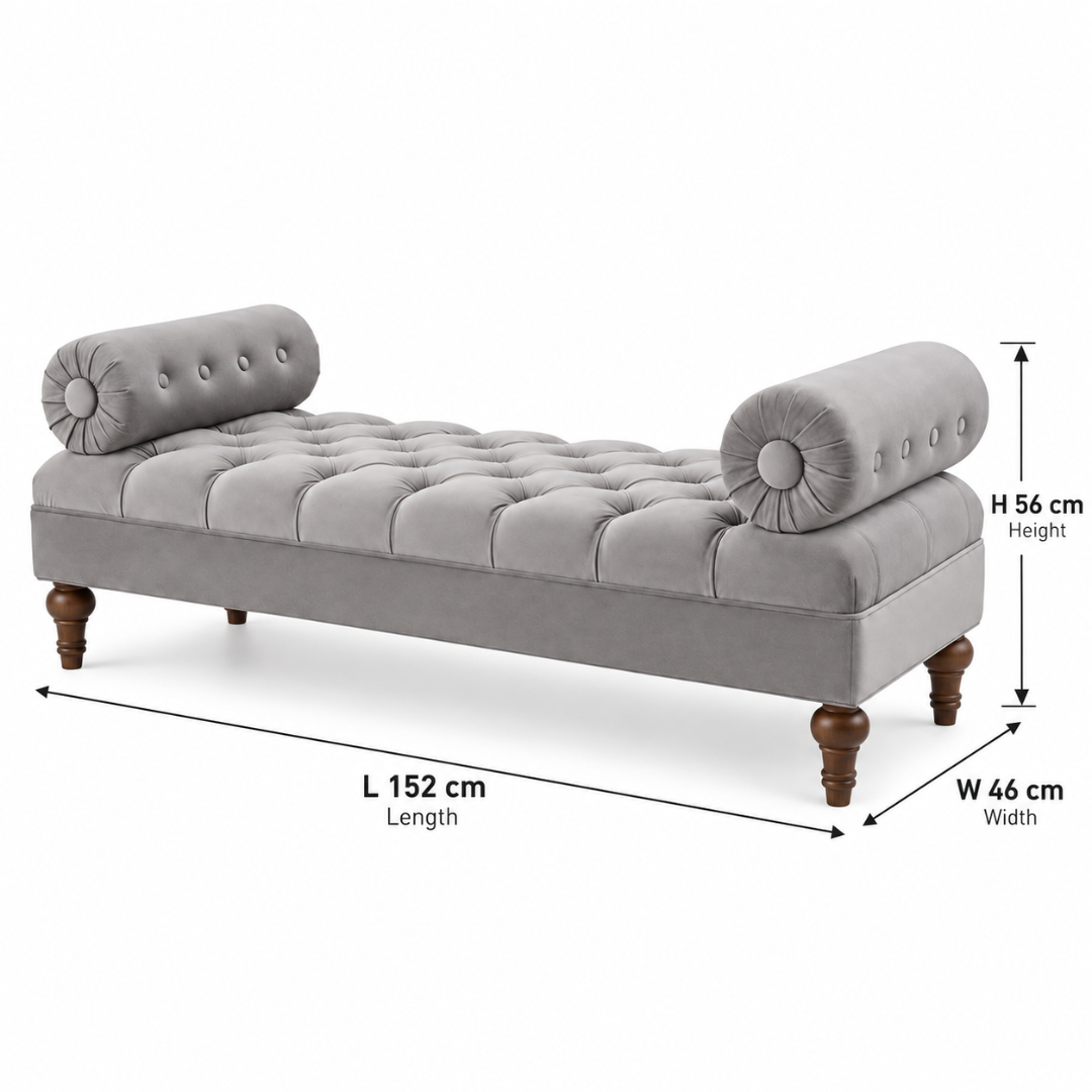 Wooden Twist Lewis Tufted Diwan Bench with Bolsters Grey – Dimensions 152 x 46 x 56 cm