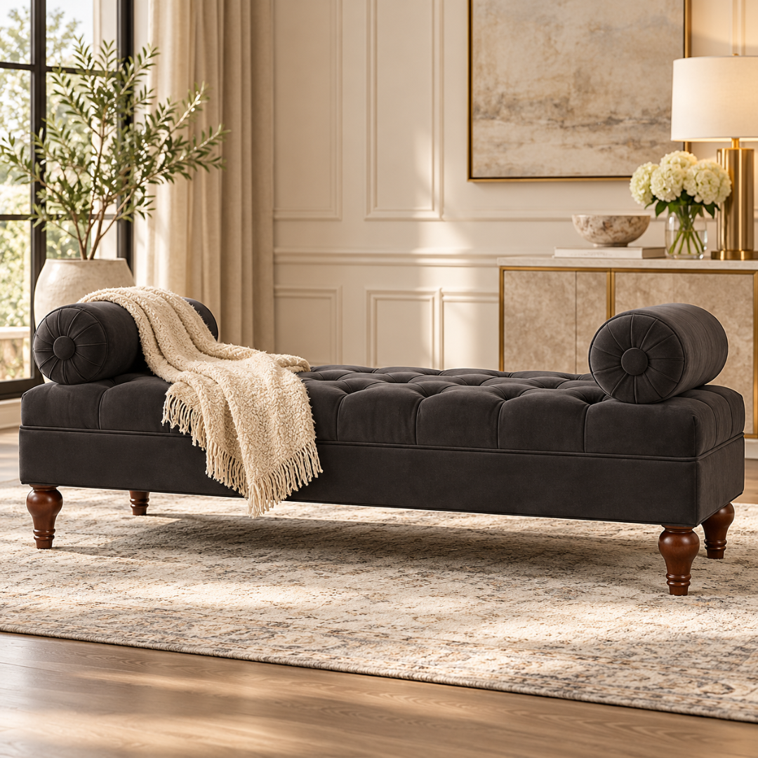 Wooden Twist Lewis Tufted Diwan Bench with Bolsters Black – Living Room Setting