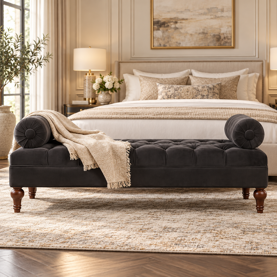 Wooden Twist Lewis Tufted Diwan Bench with Bolsters Black – Bedroom Setting