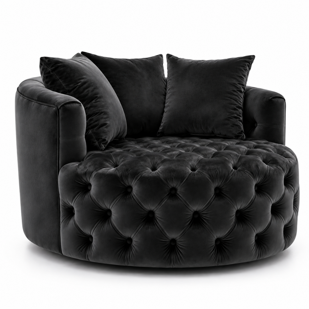 Wooden Twist Round Button Tufted Velvet Cuddle Chair Black – Angle View