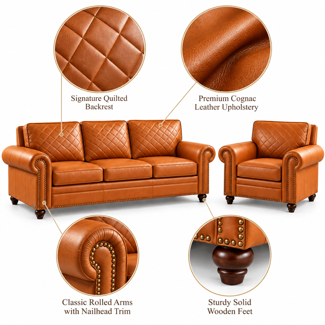 Wooden Twist Grace Quilted Brown Sofa Set 3+1 – Features: Quilted Backrest, Rolled Arms with Nailhead Trim, Wooden Feet