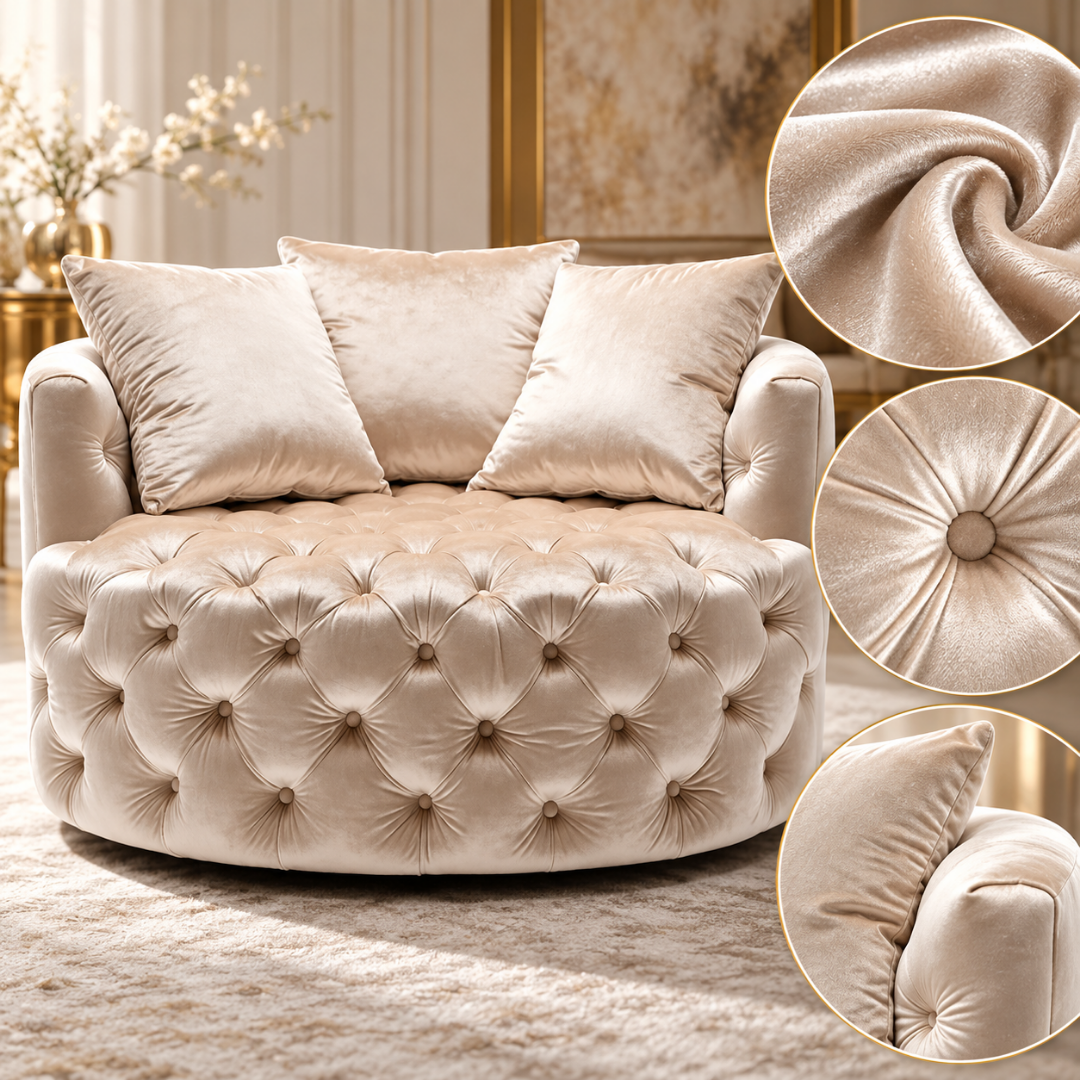 Wooden Twist Round Button Tufted Velvet Cuddle Chair Beige – Velvet Detail