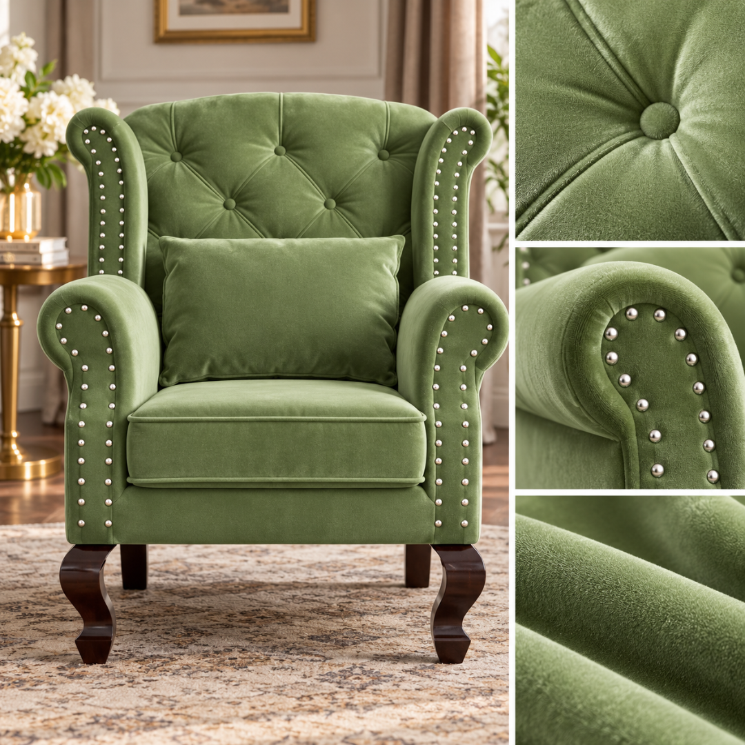 Wooden Twist Majestic Velvet Wingback Chair Green – Detail Close-Ups