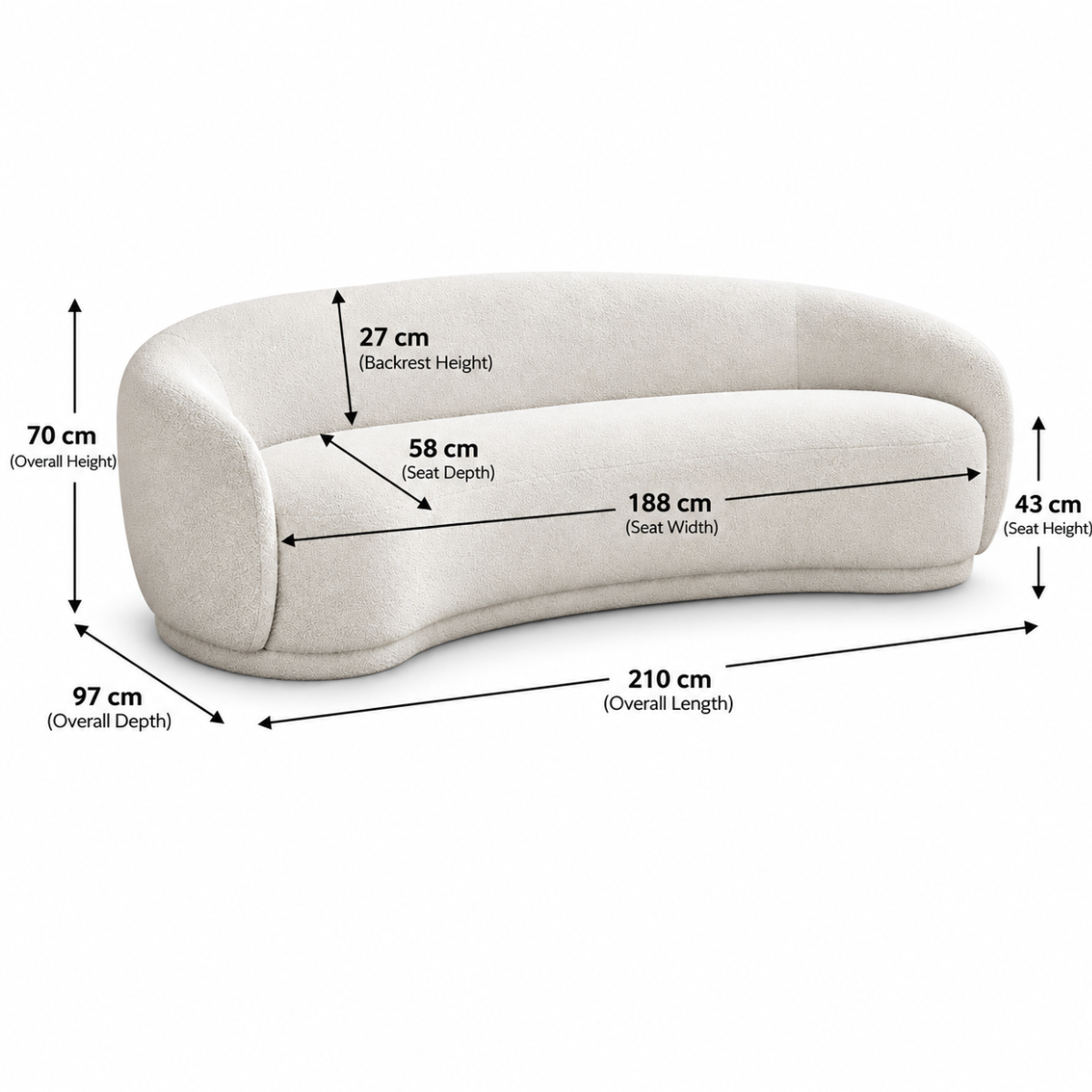 A curved upholstered sofa shown on a white background with overlaid dimension arrows and labels indicating overall length, seat width, backrest height, seat depth, overall height, and overall depth.