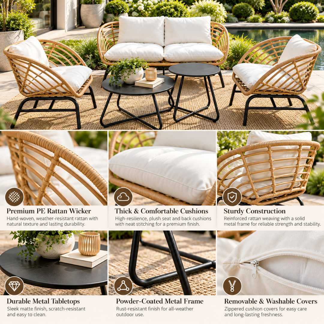 Wooden Twist Sorrento 5-Piece Rattan Outdoor Sofa Set – rattan, cushion and frame details
