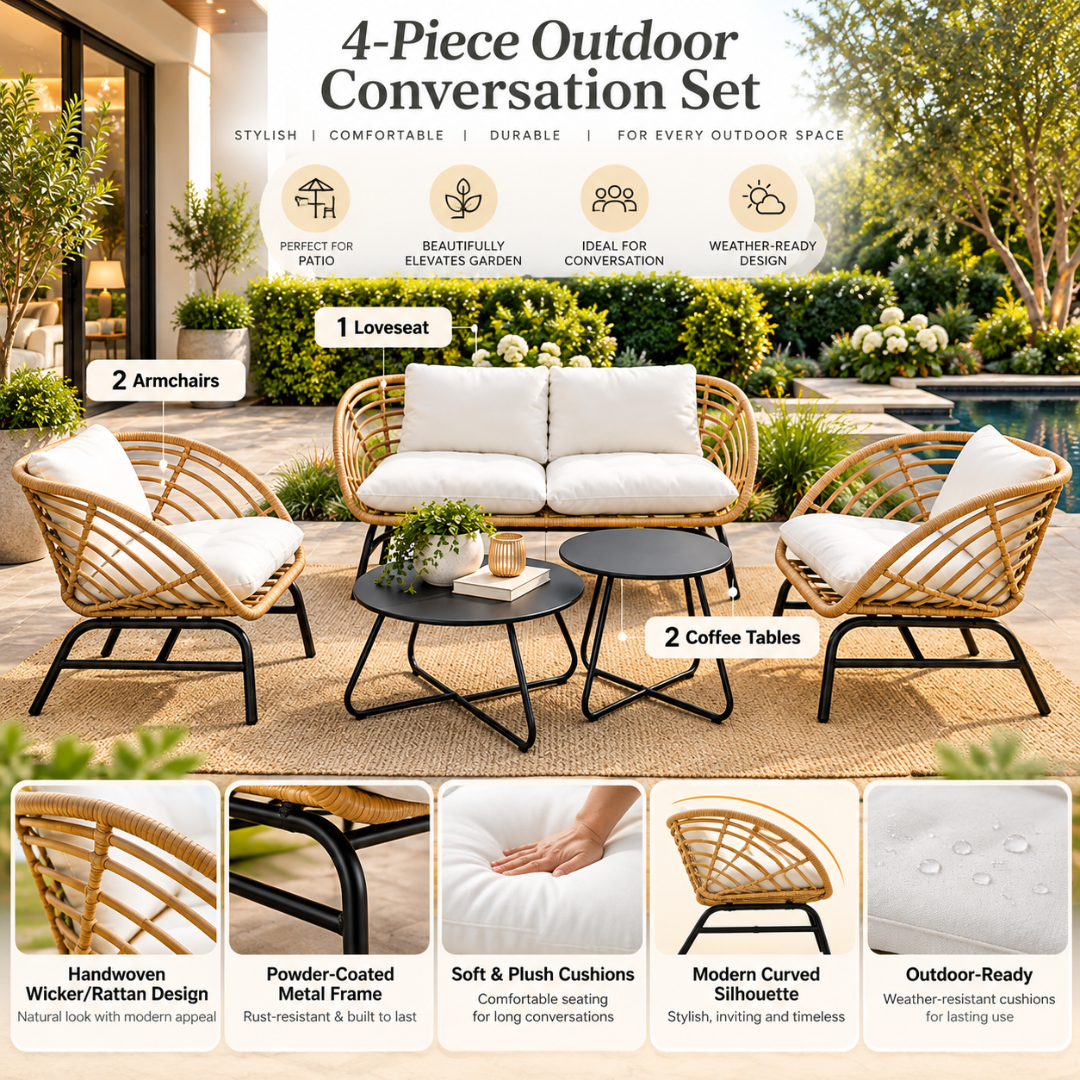 Wooden Twist Sorrento 5-Piece Rattan Outdoor Sofa Set – 2-seater, 2 single chairs and 2 coffee tables