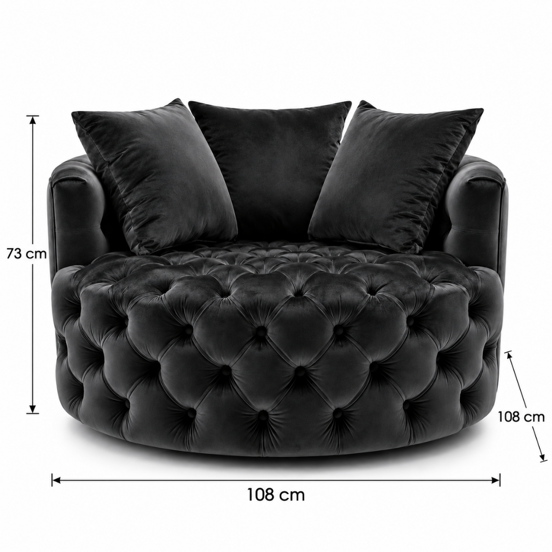 Wooden Twist Round Button Tufted Velvet Cuddle Chair Black – Dimensions 108 x 108 x 73 cm