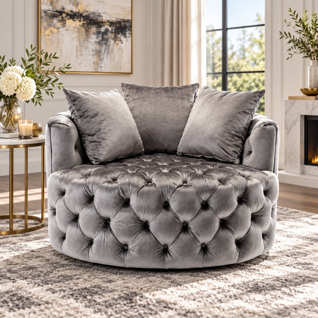 Wooden Twist Round Button Tufted Velvet Cuddle Chair Grey – Living Room