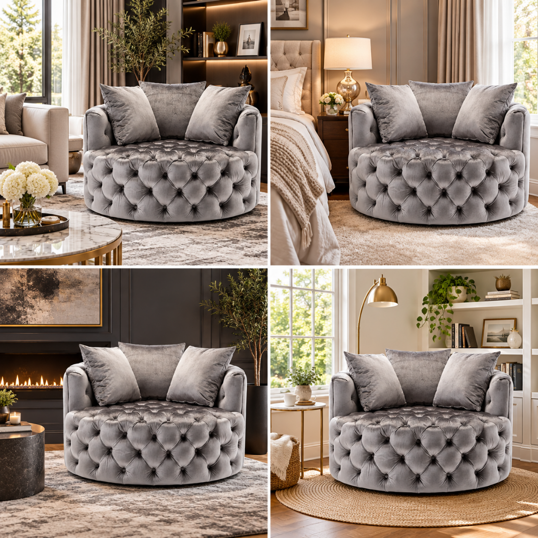 Wooden Twist Round Button Tufted Velvet Cuddle Chair Grey – Room Styling Ideas