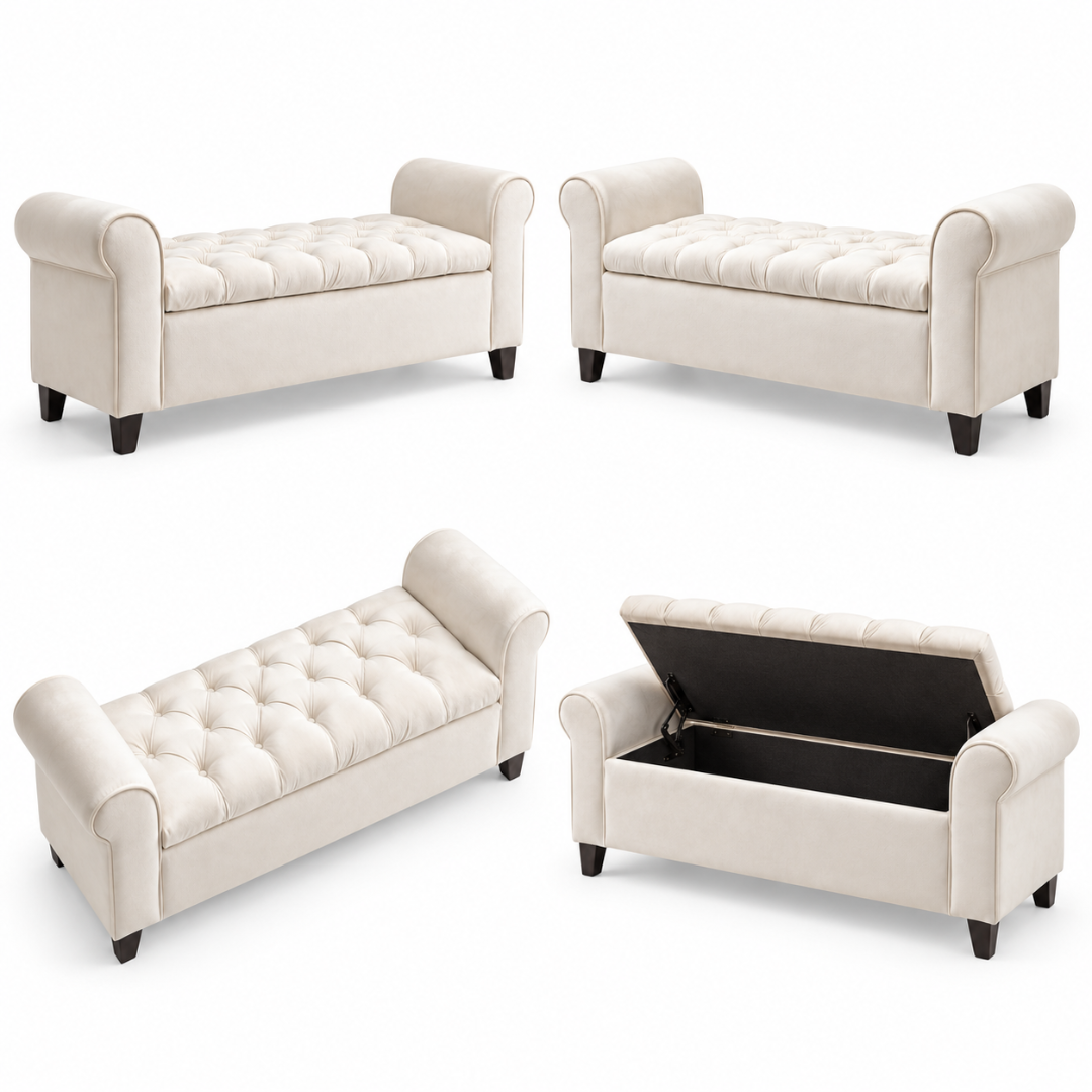Wooden Twist Zamansiz ivory velvet storage bench – front, angle and open-lid views on white background