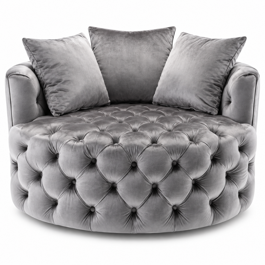 Wooden Twist Round Button Tufted Velvet Cuddle Chair Grey – Front View Close-Up