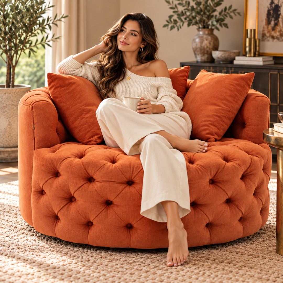Wooden Twist Round Button Tufted Velvet Cuddle Chair Orange – Lifestyle with Model