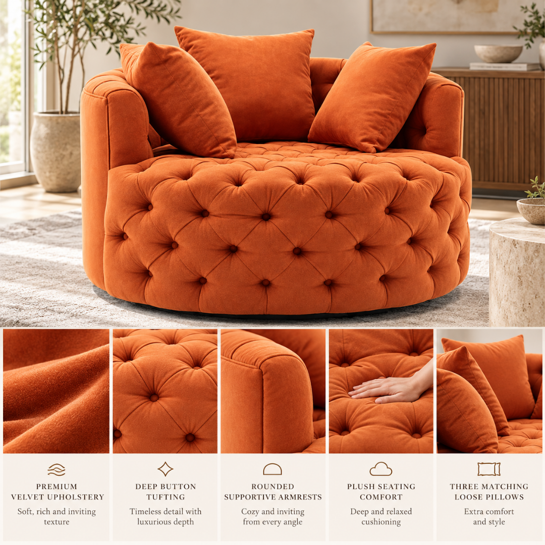 Wooden Twist Round Button Tufted Velvet Cuddle Chair Orange – Key Features