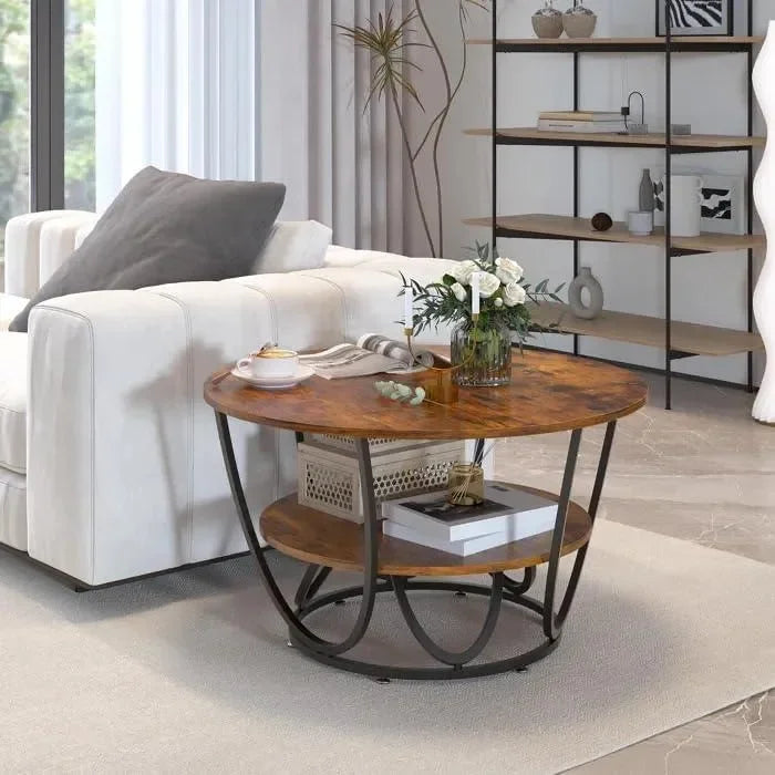 Wooden Twist Round Coffee Table with Marble Top Like Finish Stylish 2-Tier Design - Wooden Twist UAE