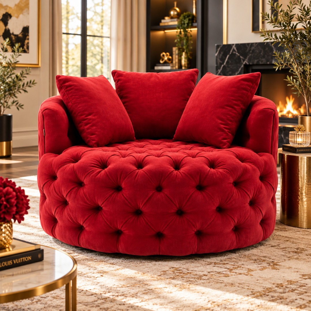 Wooden Twist Round Button Tufted Velvet Cuddle Chair Red – Living Room