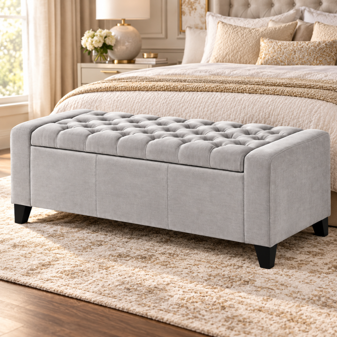 Wooden Twist Raffinee tufted velvet flip top storage bench in light gray – lifestyle view at the foot of a bed