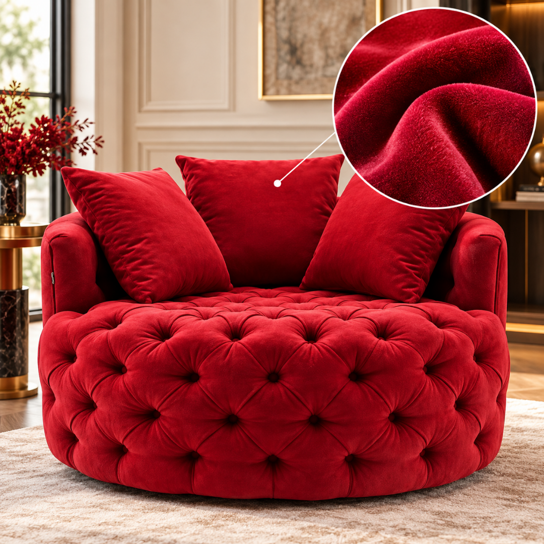 Wooden Twist Round Button Tufted Velvet Cuddle Chair Red – Velvet Detail