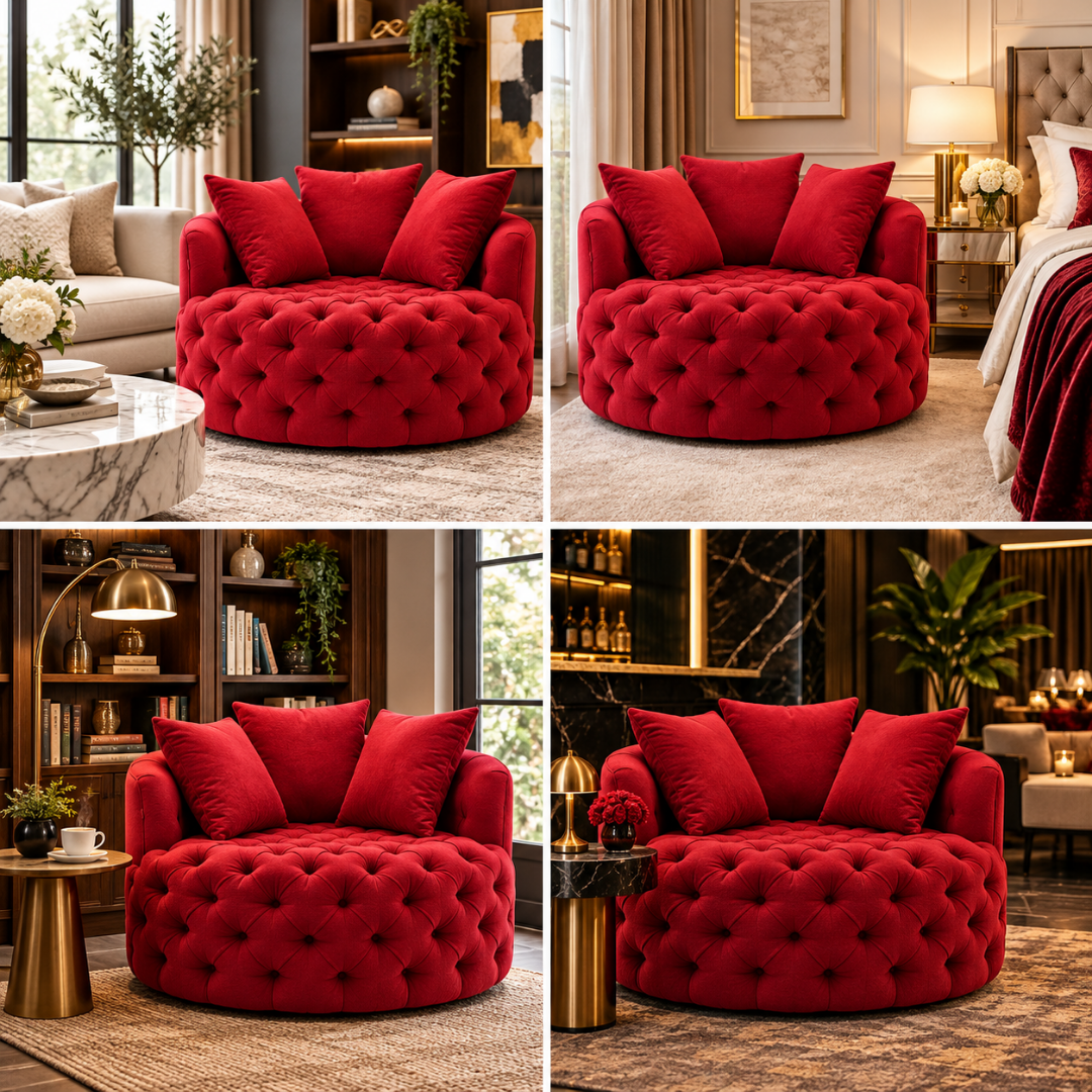 Wooden Twist Round Button Tufted Velvet Cuddle Chair Red – Room Styling Ideas