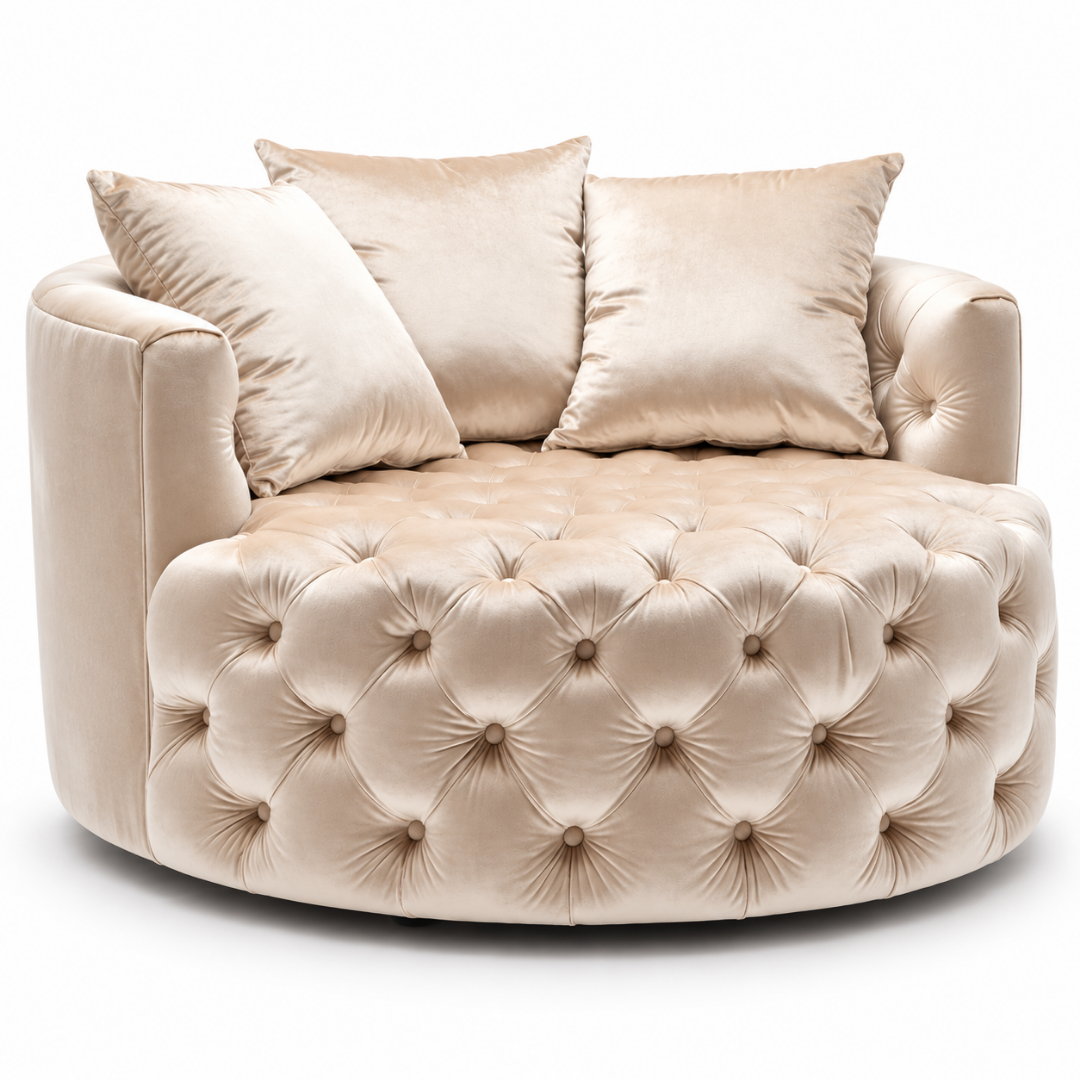 Wooden Twist Round Button Tufted Velvet Cuddle Chair Beige – Front View