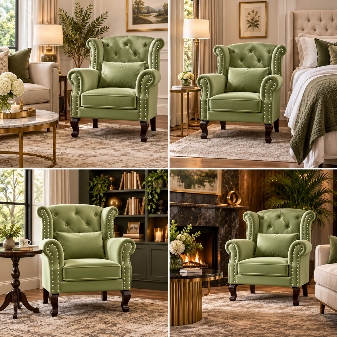 Wooden Twist Majestic Velvet Wingback Chair Green – Room Styling Ideas