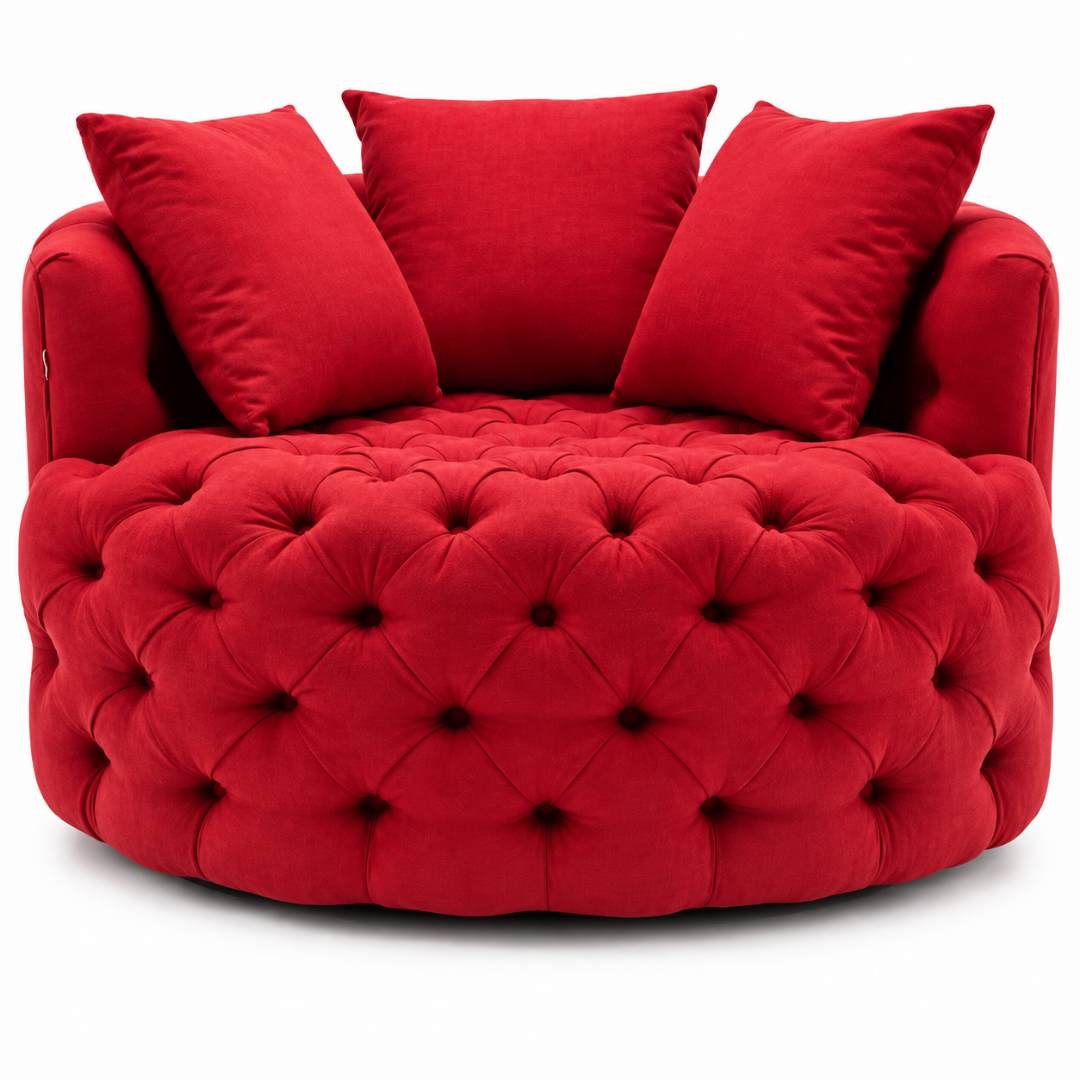 Wooden Twist Round Button Tufted Velvet Cuddle Chair Red – Front View