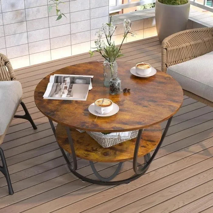 Wooden Twist Round Coffee Table with Marble Top Like Finish Stylish 2-Tier Design - Wooden Twist UAE