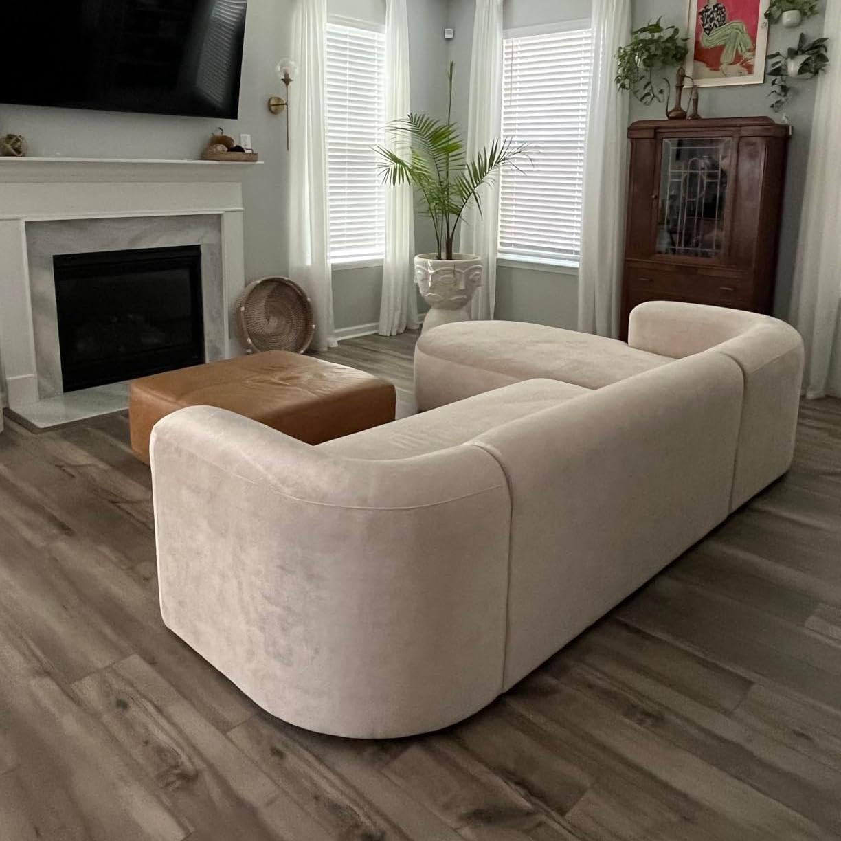 Wooden Twist Velvet Sectional Sofa Cream L-Shaped Sectional - Corner View