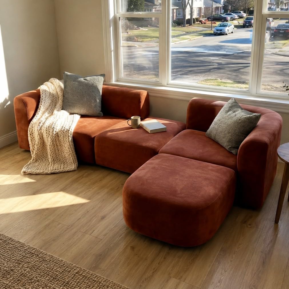 Wooden Twist Velvet Sectional Sofa Tangerine 4 Seater Modular - Detail View