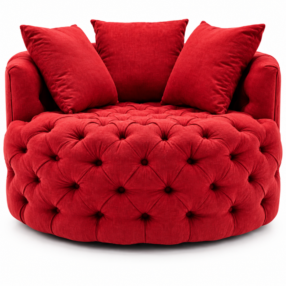 Wooden Twist Round Button Tufted Velvet Cuddle Chair with 3 Pillows for Living Room