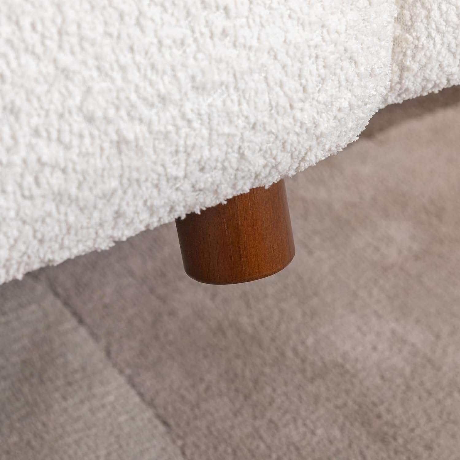Wooden Twist White Boucle 4-Seater Sofa - Curved Back Tufted Cushion Detail