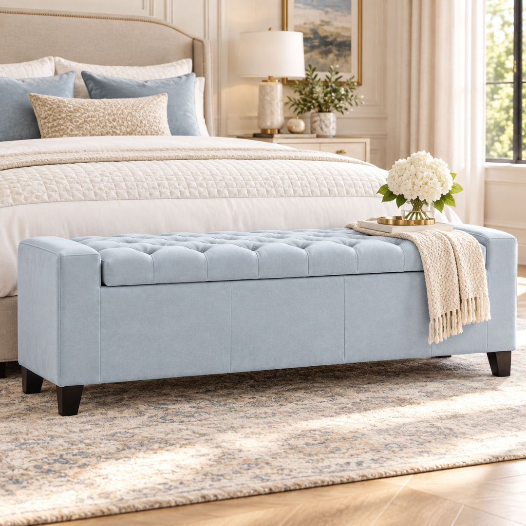 Wooden Twist Raffinee tufted velvet flip top storage bench in light sky blue – lifestyle view at the foot of a bed