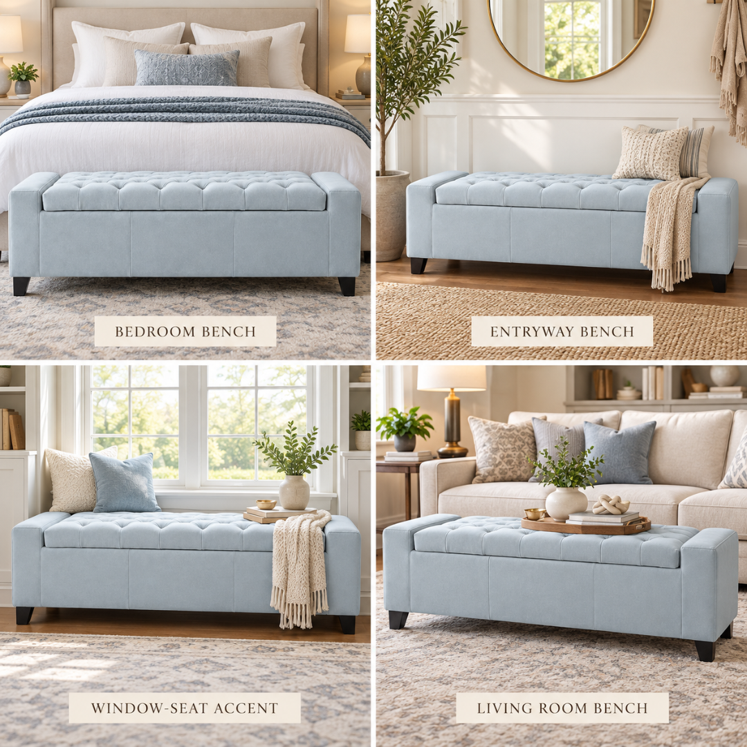 Wooden Twist Raffinee light sky blue storage bench – as bedroom bench, entryway bench, window seat and living room bench
