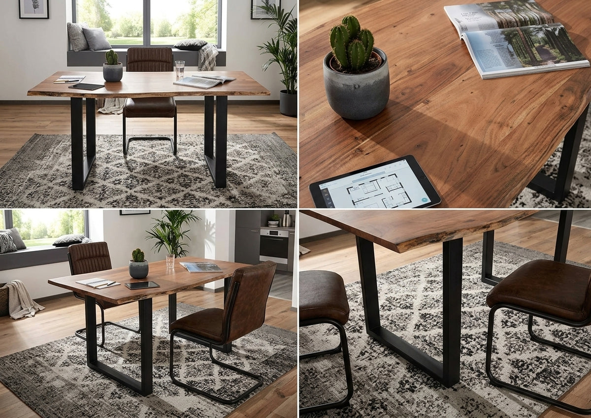 Wooden Twist Acacia Wood and Wrought Iron Vintage Dining Table Rustic Industrial Design for Home Decor