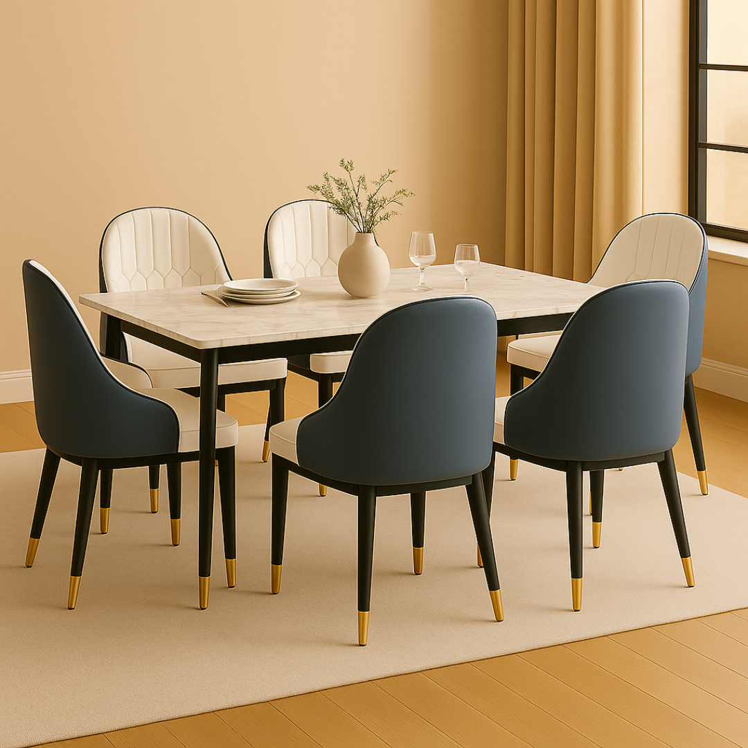 Dining room setup with a marble table and modern chairs in a well-lit room.