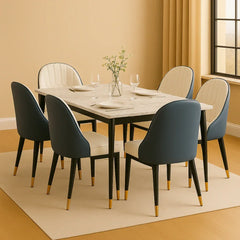 Dining table set with chairs in a room with beige walls and a window.
