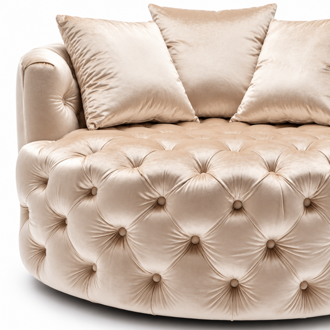 Wooden Twist Round Button Tufted Velvet Cuddle Chair Beige – Tufted Close-Up