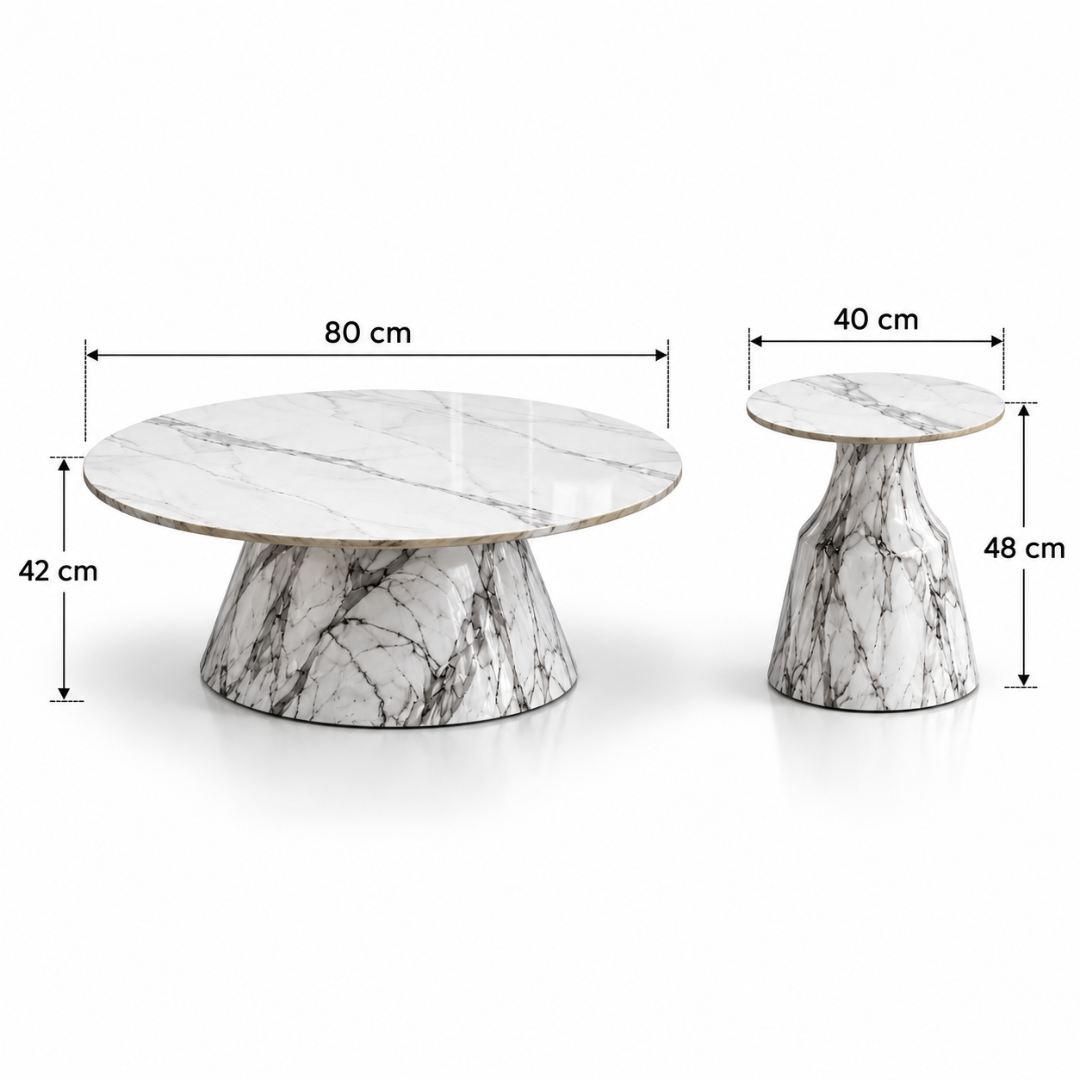 Wooden Twist Marmora Stone Top Coffee Table 80 x H42 cm and Side Table 40 x H48 cm – dimensions