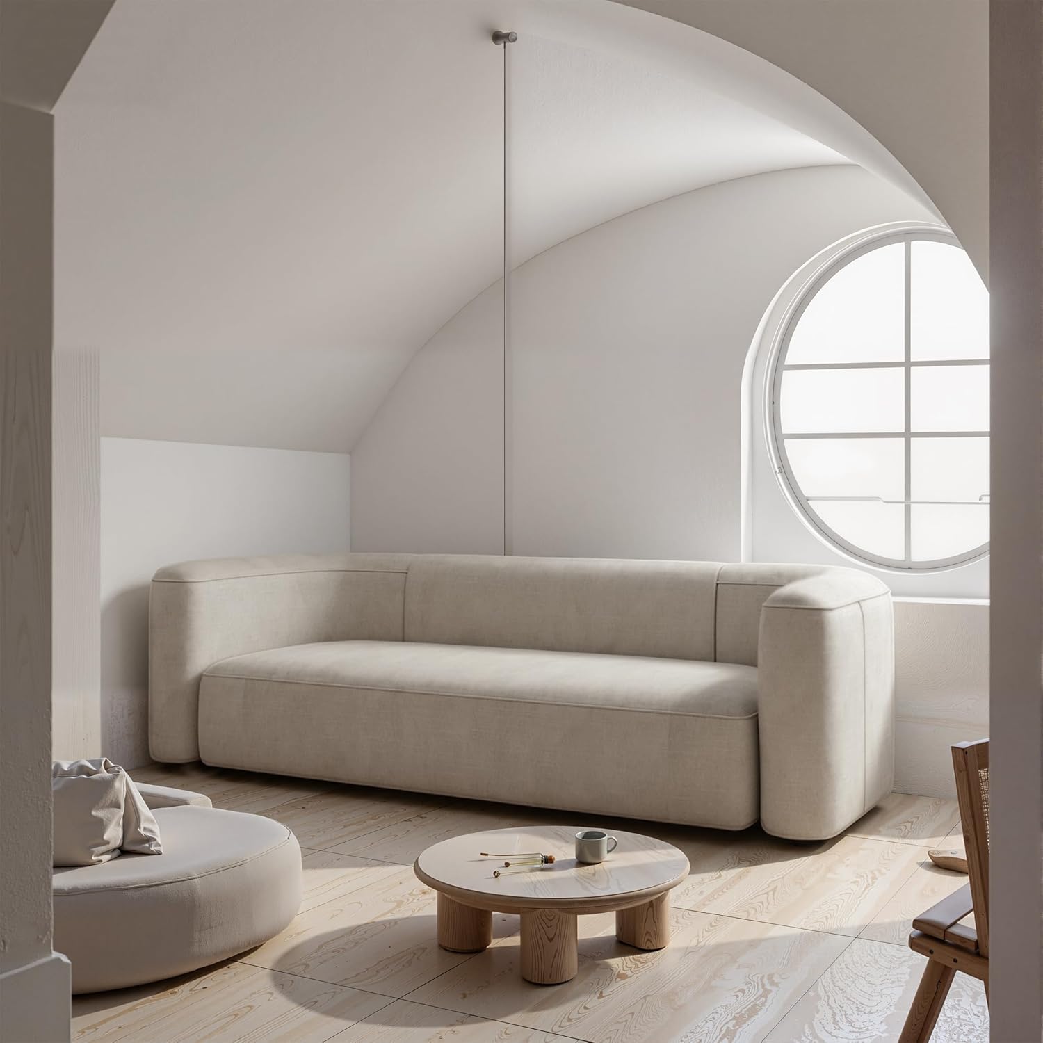 Wooden Twist Velvet Sectional Sofa Cream 3 Seater - Full View