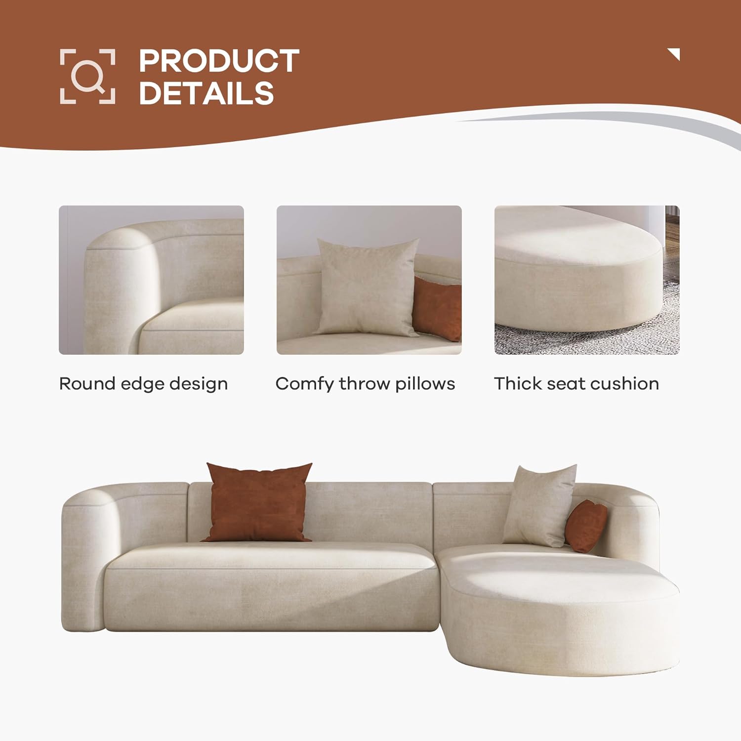 Wooden Twist Velvet Sectional Sofa Cream L-Shape Left Chaise - Full View