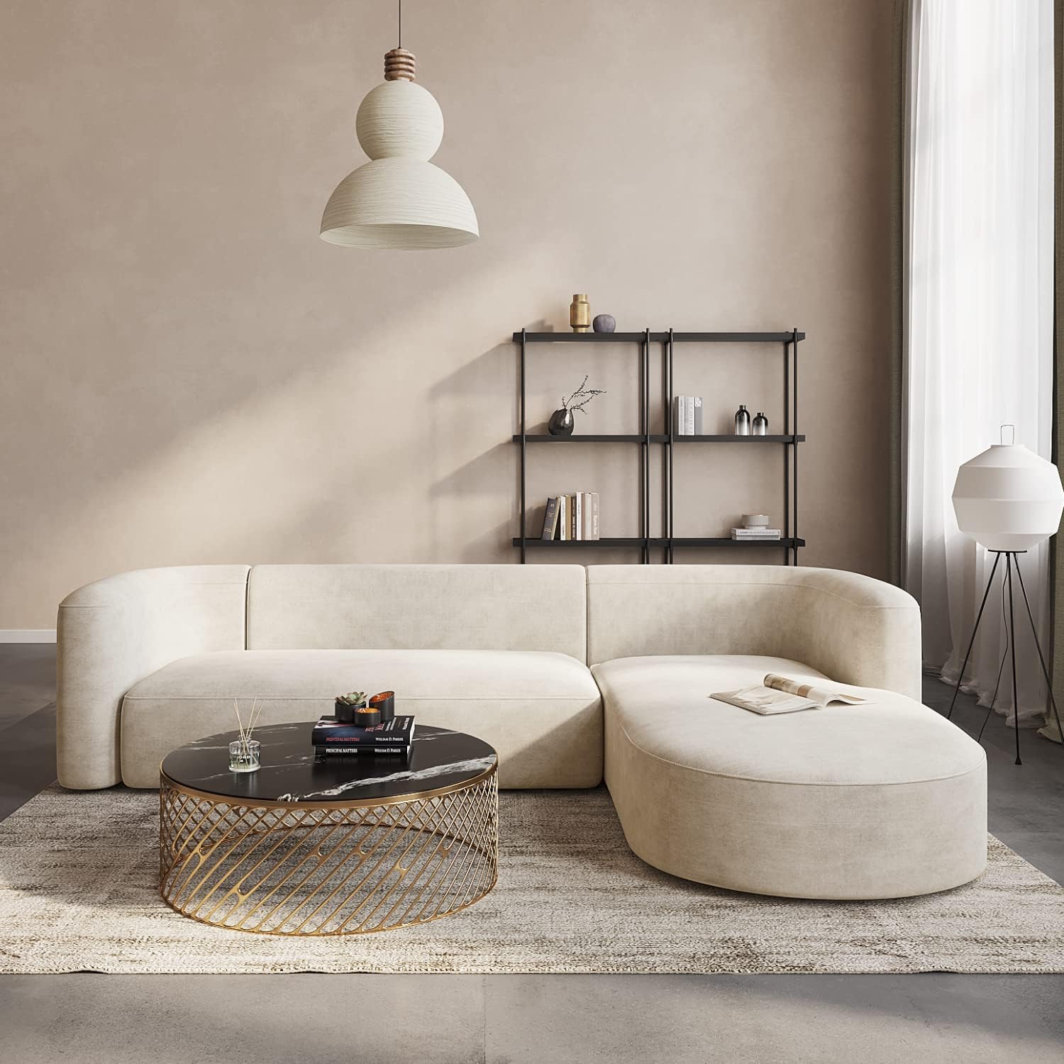Wooden Twist Modern Velvet Sectional Sofa Cream L-Shape Right Chaise - Front View