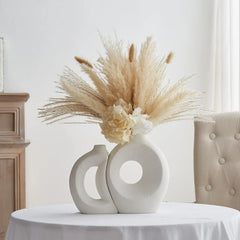 Wooden Twist Modern Home Decor Ceramic White 2 Abstract Decorative Vase for Dry Flowers ( Set of 2 ) - Wooden Twist UAE