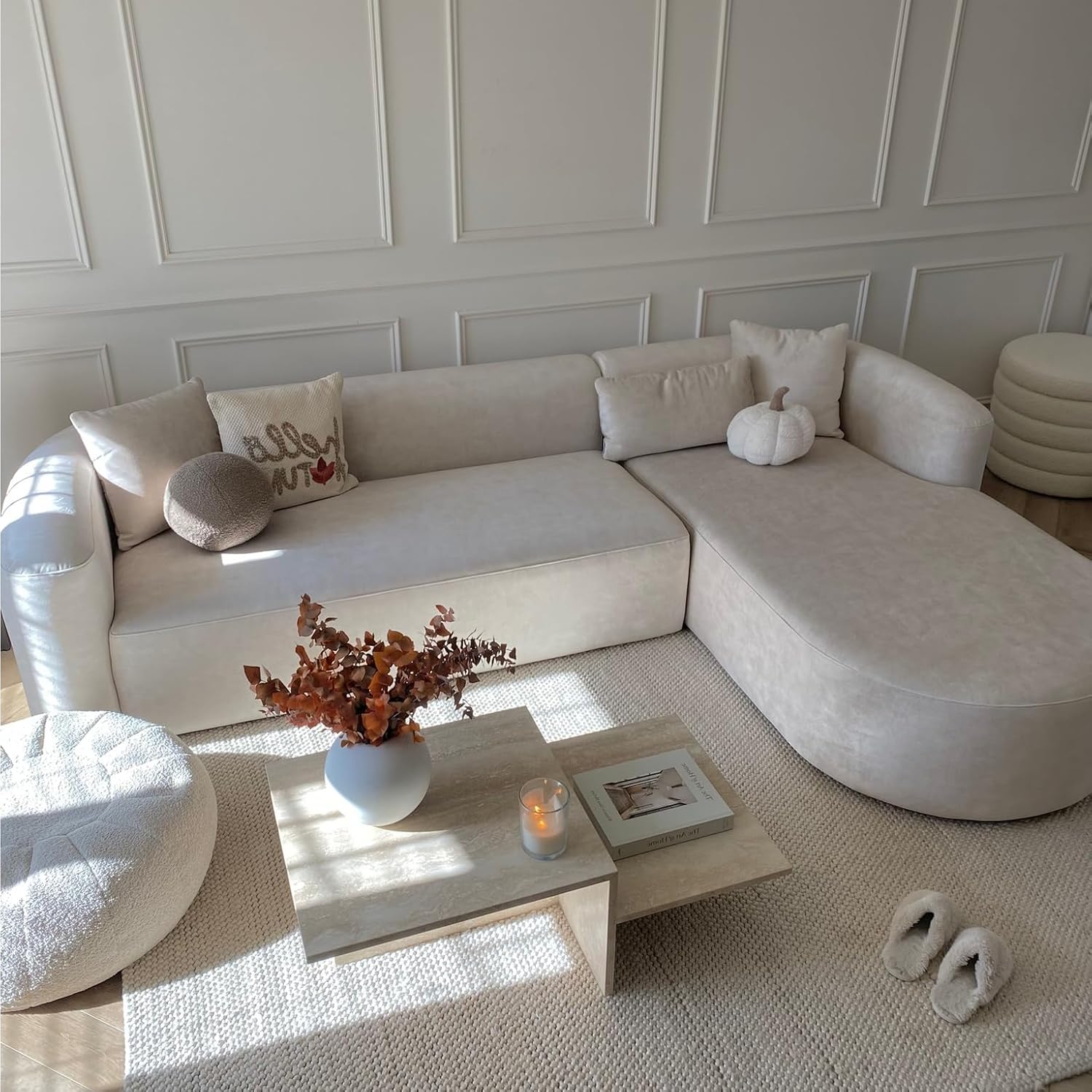 Wooden Twist Velvet Sectional Sofa Cream L-Shape Right Chaise - Room Setting